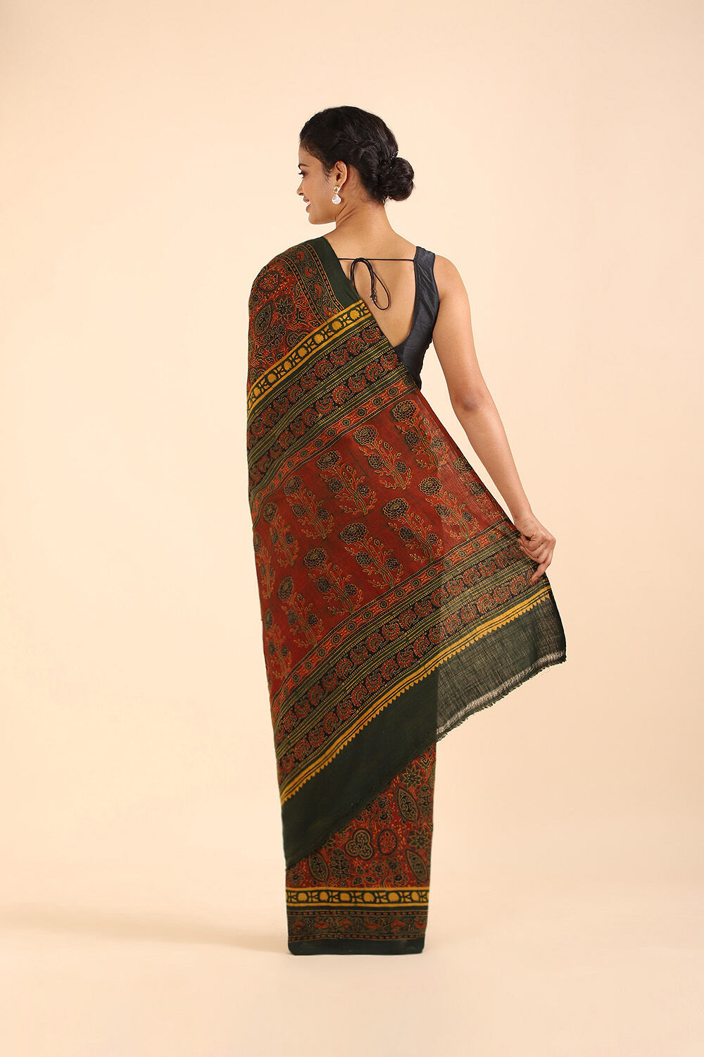 Red Pure Khadi Cotton Ajrakh Printed Saree image number null