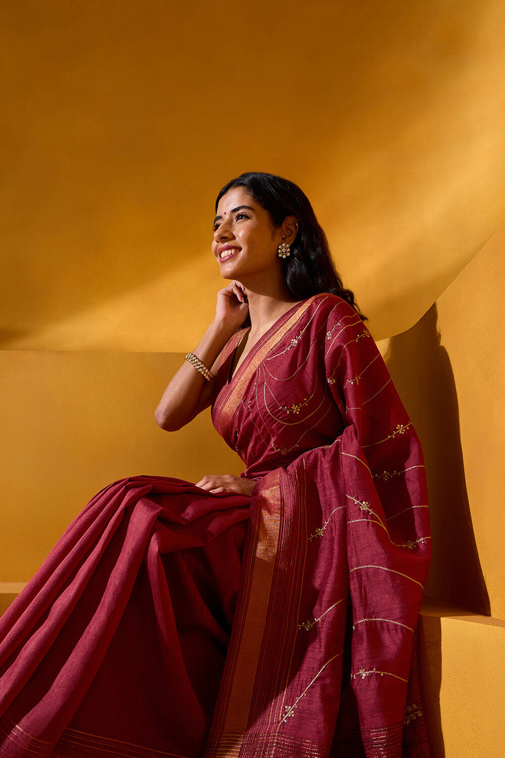 Dark Red Pure Silk Embroidered Saree image number null