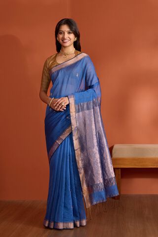 Dark Blue Pure Silk Cotton Bengal Woven Saree thumbnail image number null