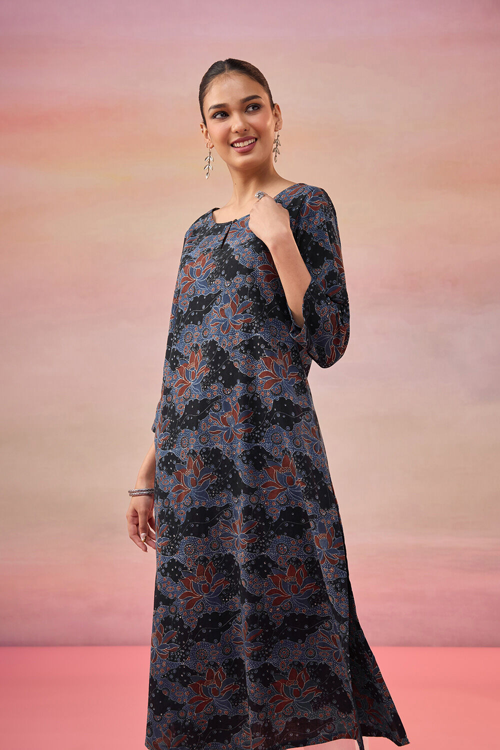 Black Pure Cotton Ajrakh Kurta image number null