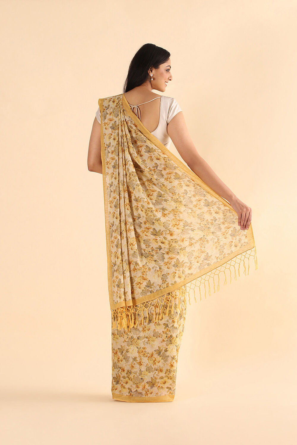 Beige Pure Linen Digital Printed Saree image number null