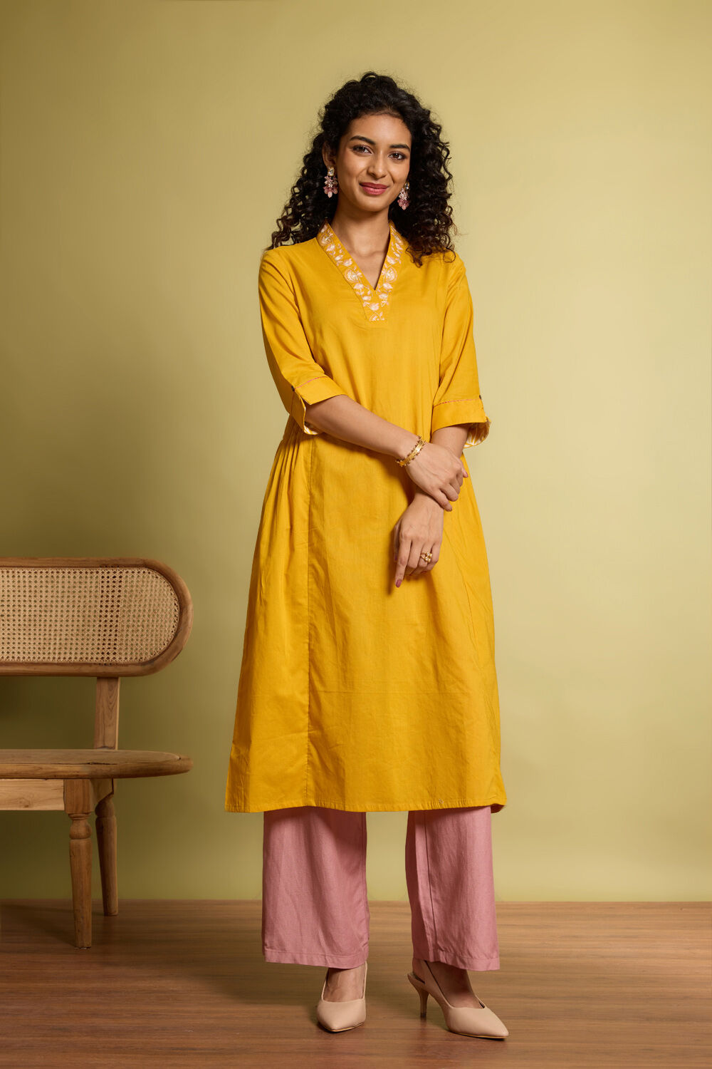 Yellow Embroidered Pure Cotton Kurta image number null