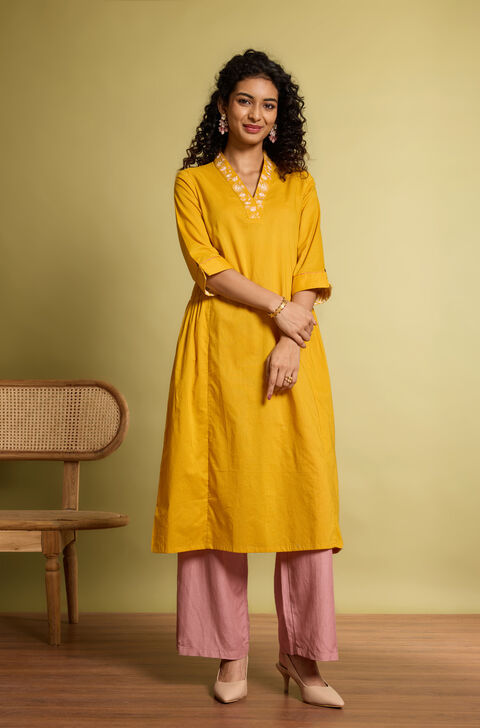 Yellow Embroidered Pure Cotton Kurta