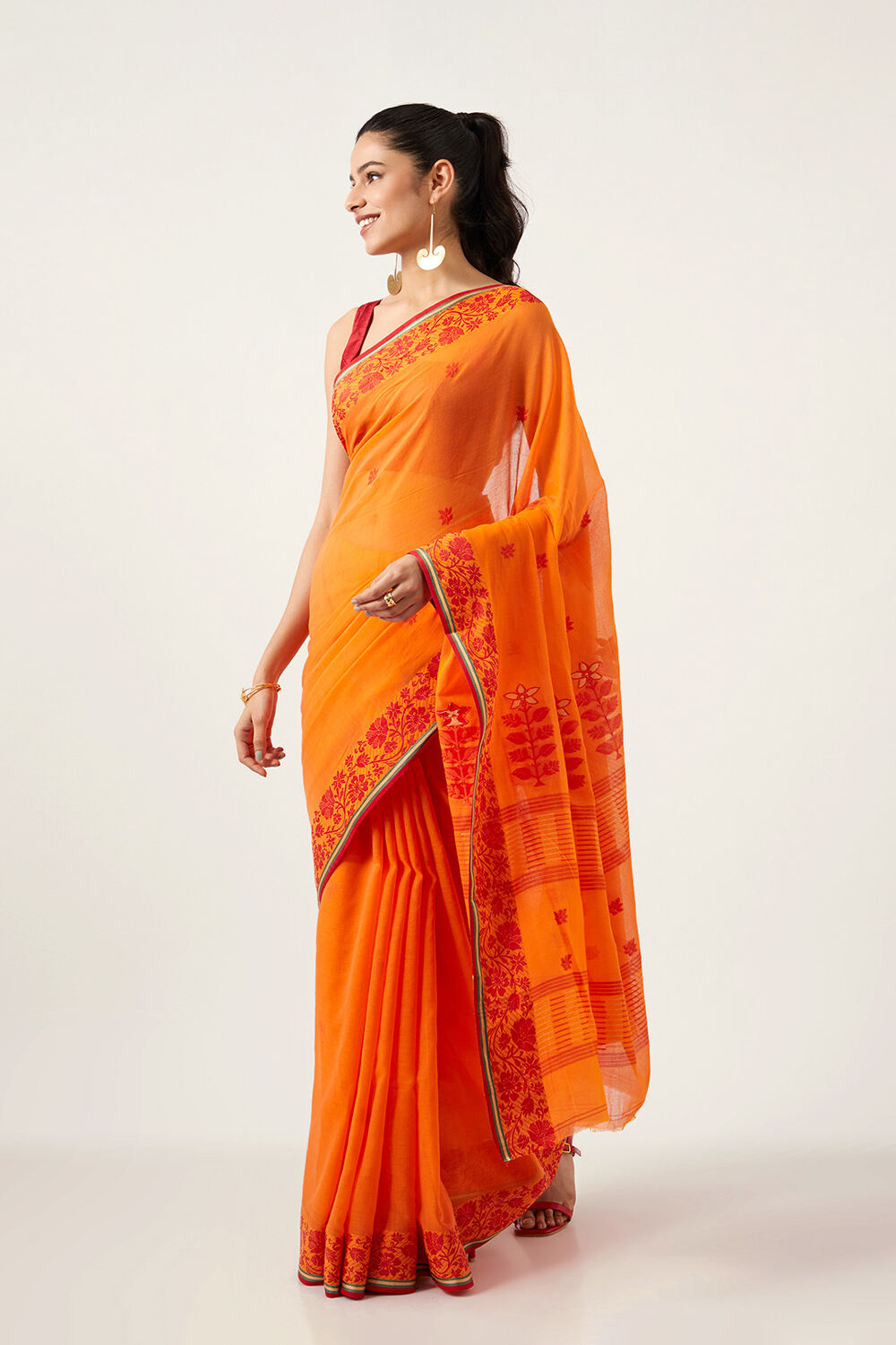 Orange Pure Cotton Jamdani Bengali Saree image number null