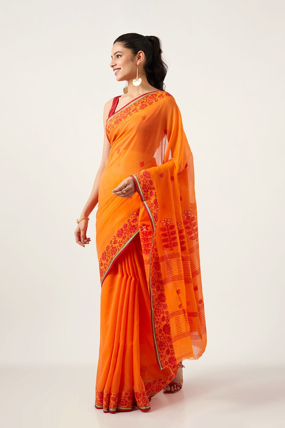 Orange Pure Cotton Jamdani Bengali Saree image number null