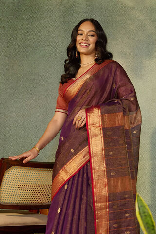 Purple Woven Pure Tissue Cotton Maheshwari Saree image number