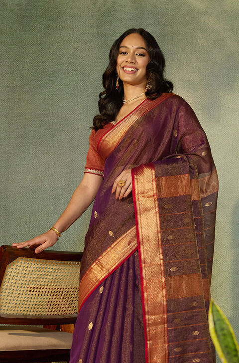 Purple Woven Pure Tissue Cotton Maheshwari Saree