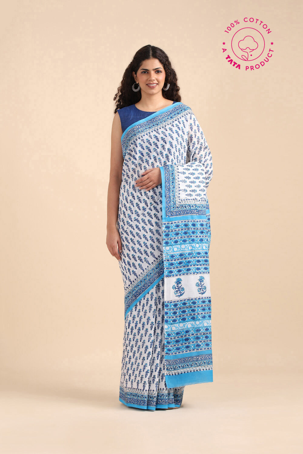 White Pure Cotton Sanganeri Printed Saree image number null