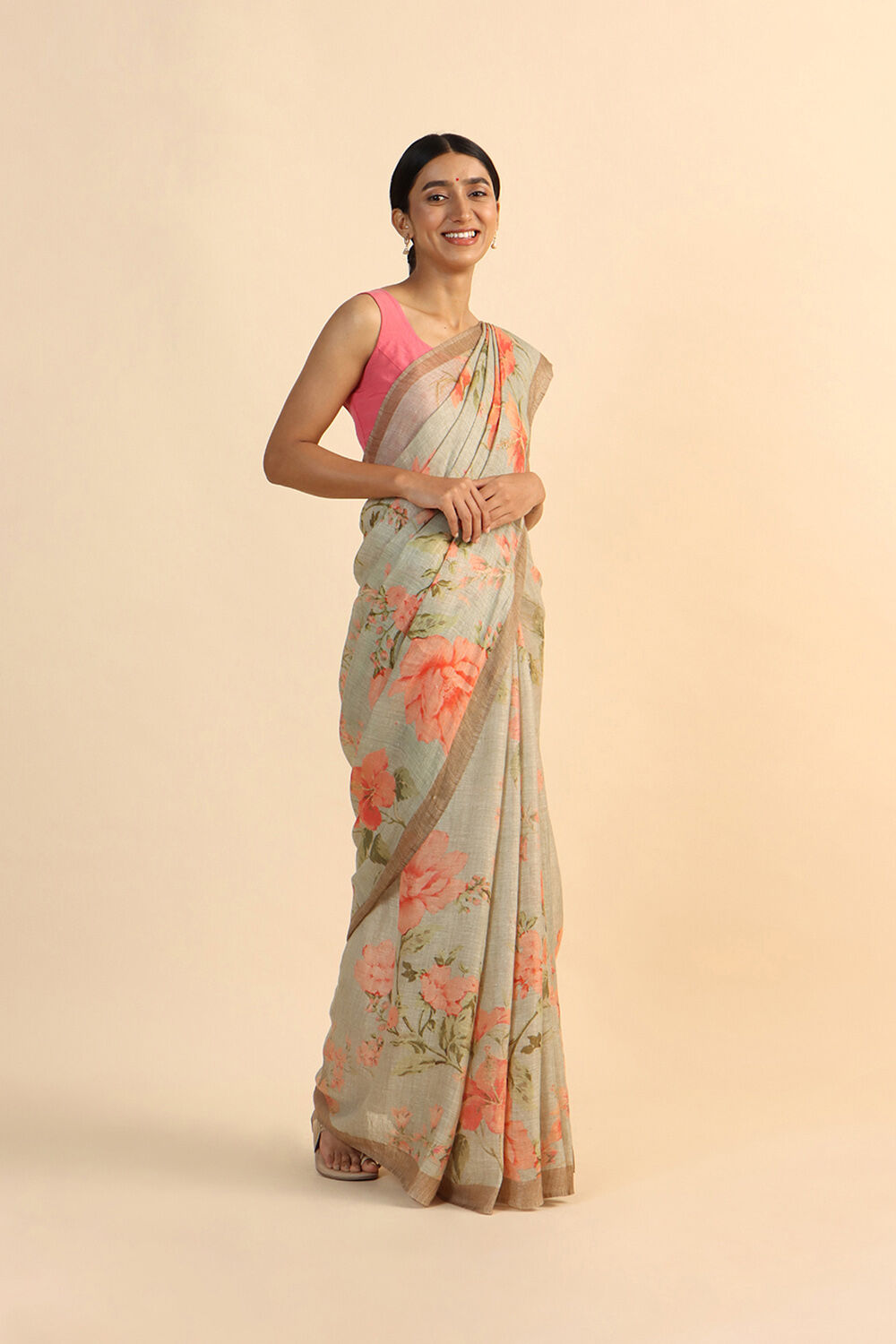 Light Green Pure Linen Digital Printed Saree image number null