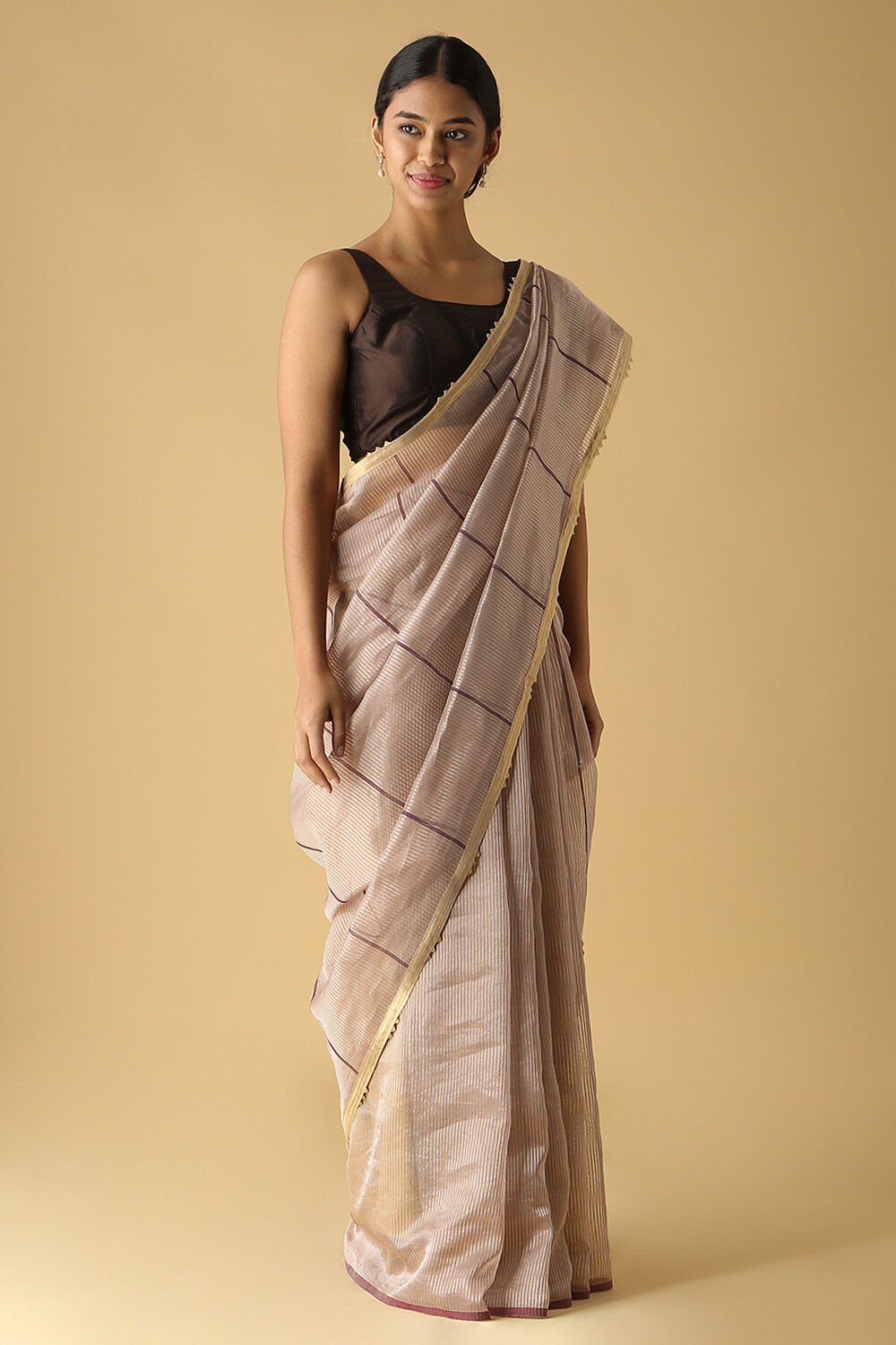 Brown Pure Tissue Silk Embroidered Saree image number null
