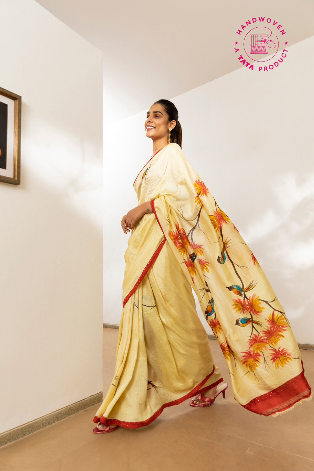 Light Orange Pure Silk Hand Painted Saree image number null