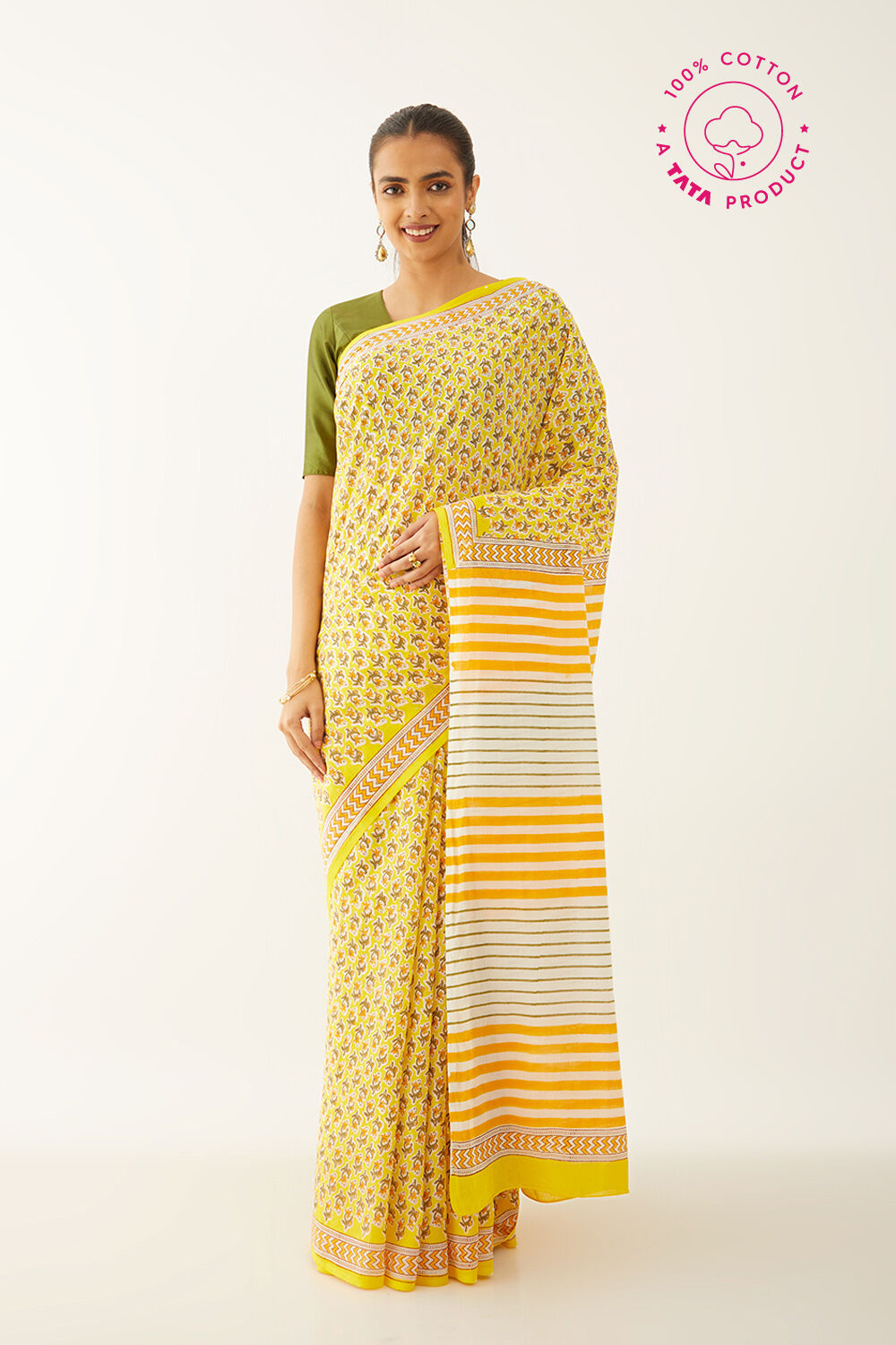 Yellow Pure Cotton Block Print Saree image number null