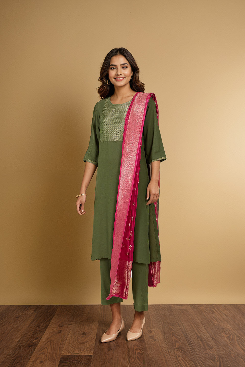 Green Brocade Pure Viscose Kurta Set image number null