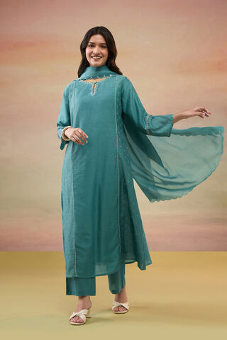 Dark Green Pure Silk Cotton Embroidered Kurta Set image number