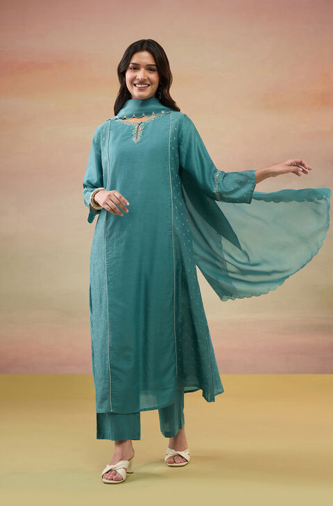 Dark Green Pure Silk Cotton Embroidered Kurta Set
