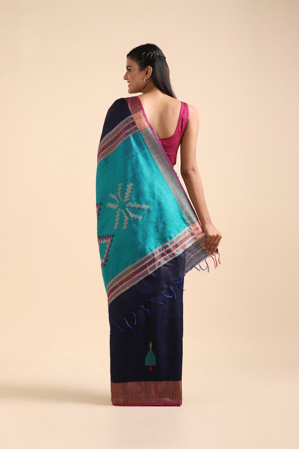 Dark Blue Pure Tussar Silk Bhagalpuri Saree image number null