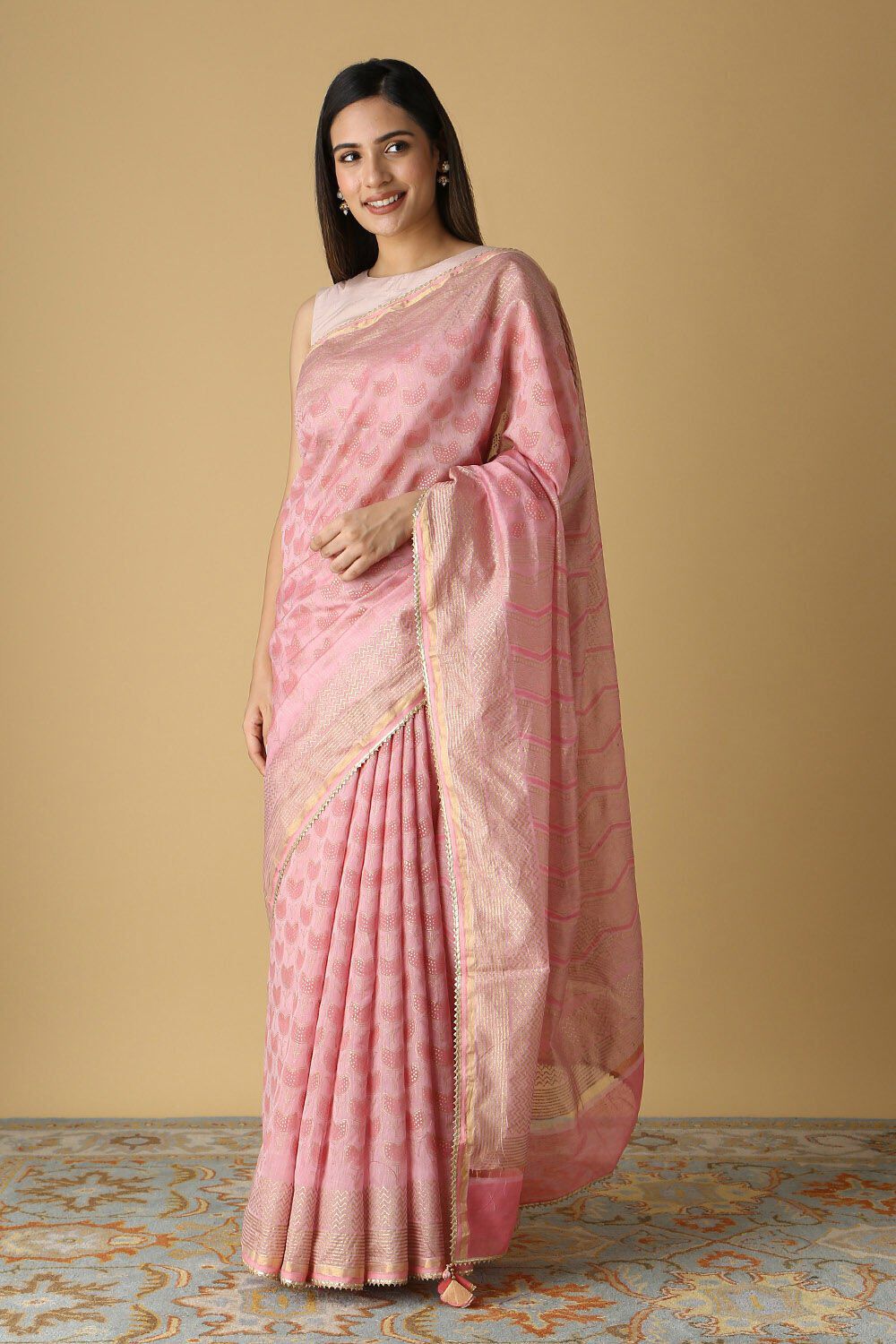 Pink Pure Silk Cotton Hand Printed Saree image number null