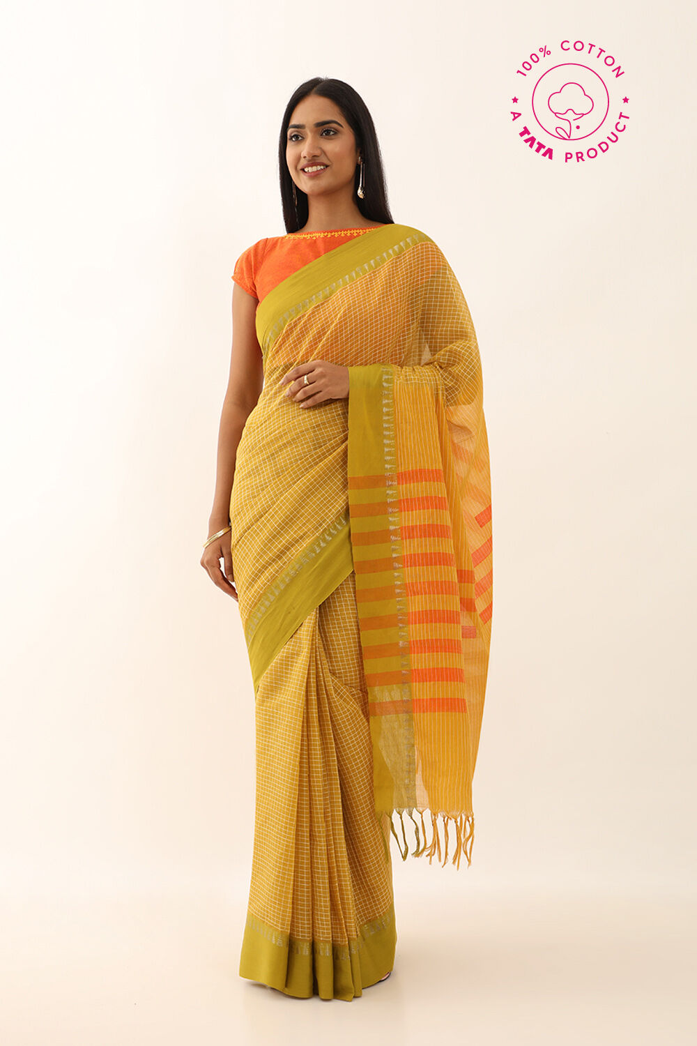 Dark Yellow Pure Cotton Woven Narayanpet Saree image number null