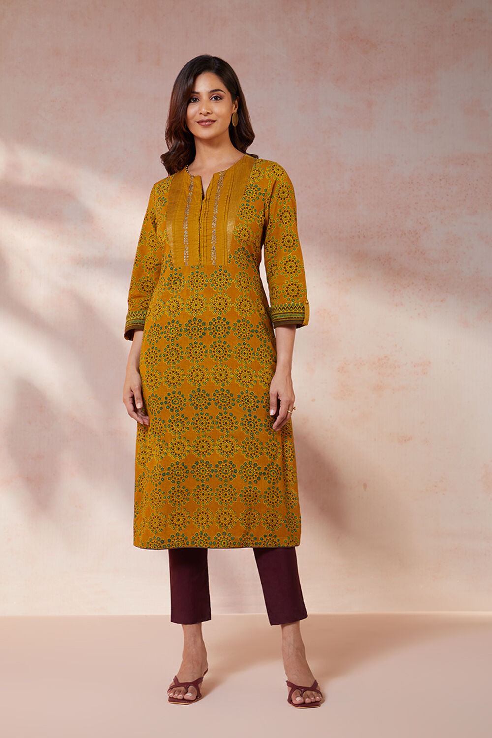 Yellow Pure Cotton Ajrakh Bandhani Kurta image number null