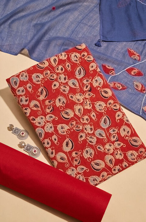 Red Block Printed Pure Cotton Unstitched Suit Set
