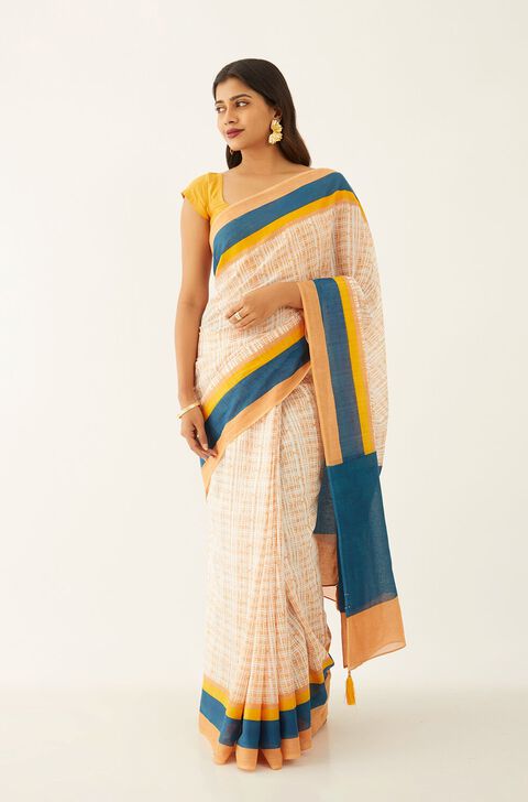 Light Blue Pure Cotton Mulmul Printed Bengali Saree