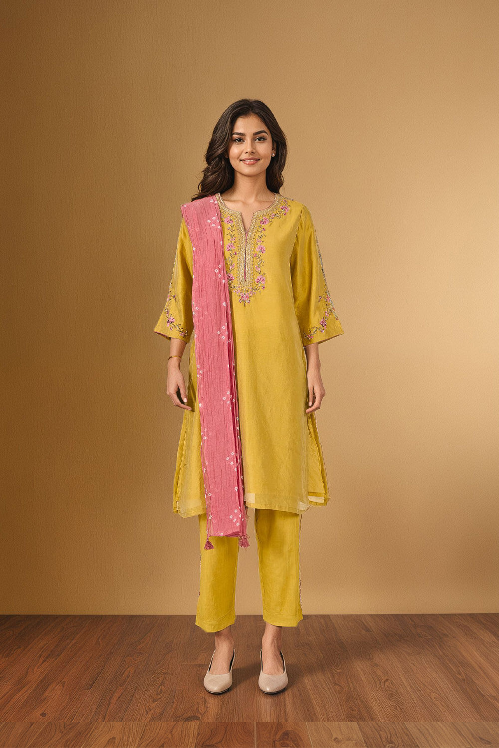 Yellow Pure Silk Cotton Embroidered Kurta Set image number null