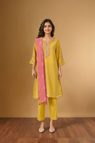 Yellow Pure Silk Cotton Embroidered Kurta Set thumbnail image number null