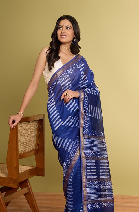 Dark Blue Pure Silk Cotton Batik Saree
