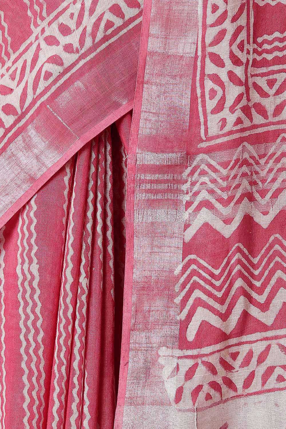 Light Pink Pure Cotton Linen Bagru Printed Saree image number null