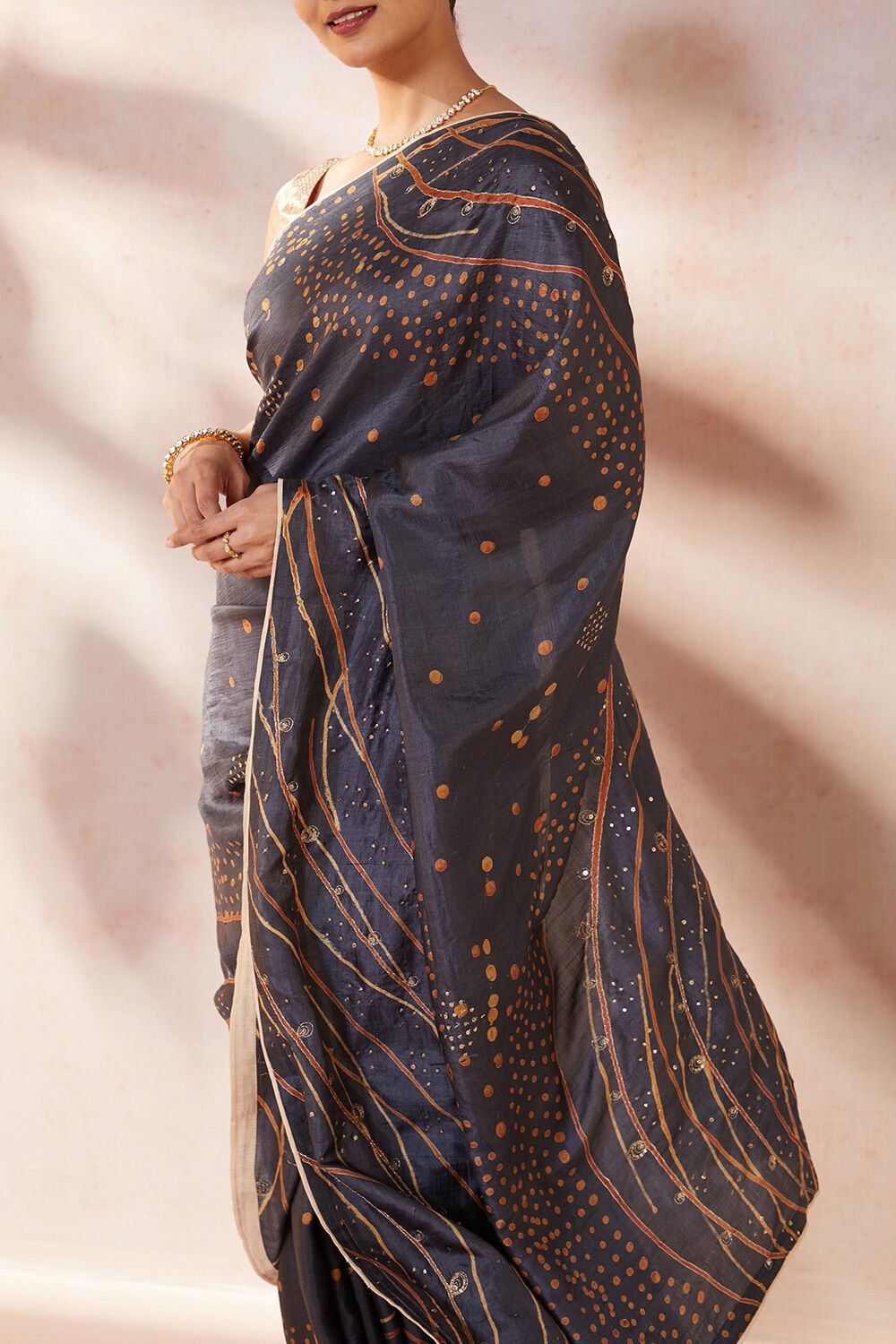 Dark Blue Hand Painted Silk Saree image number null