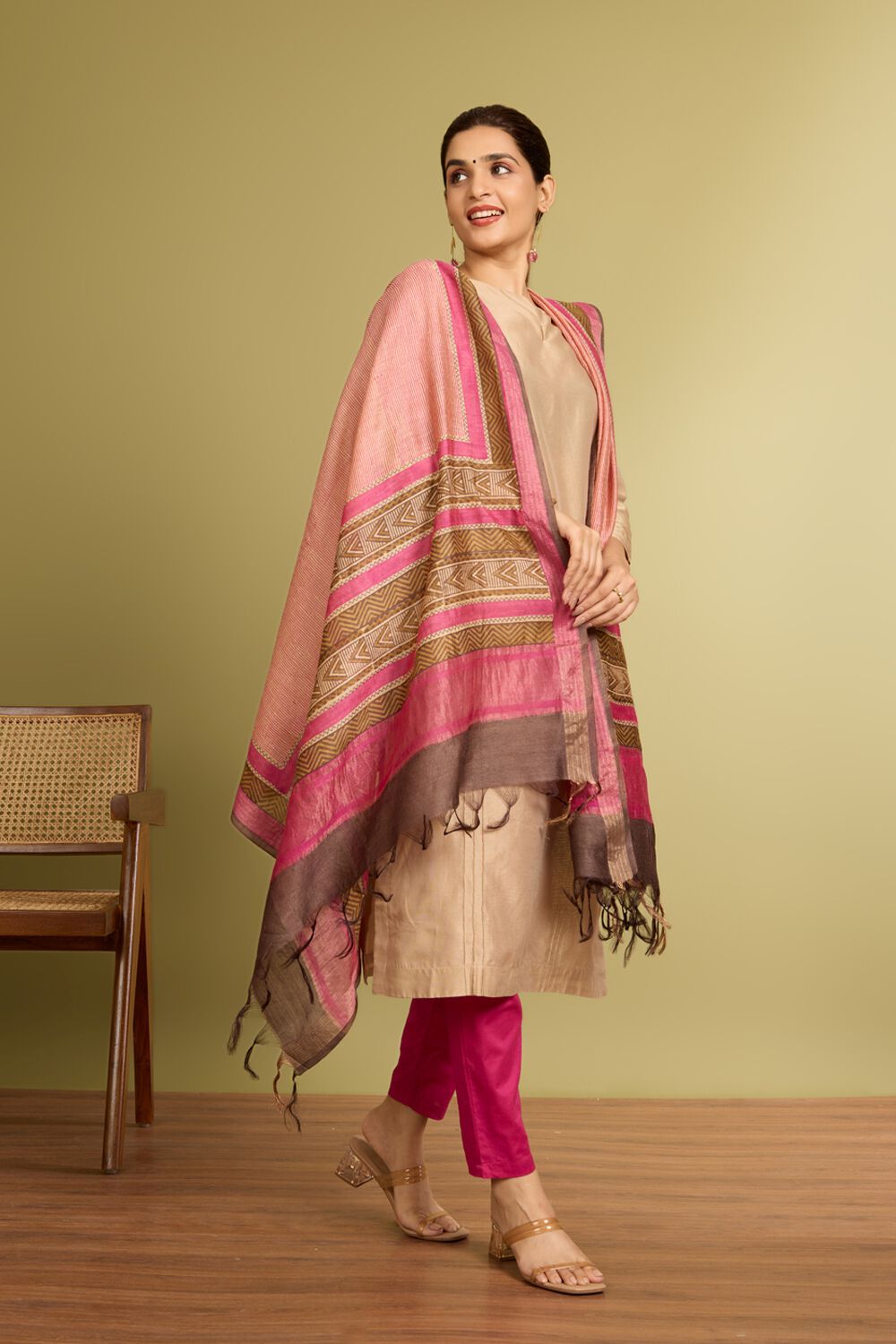 Light Pink Block Printed Silk Muga Dupatta image number null