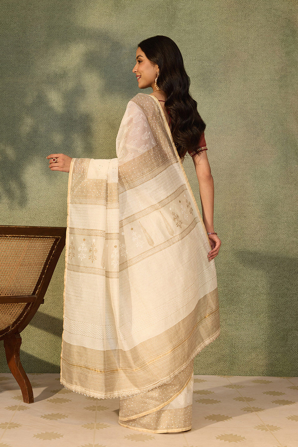 Off White Pure Silk Cotton Printed Sanganeri Saree image number null