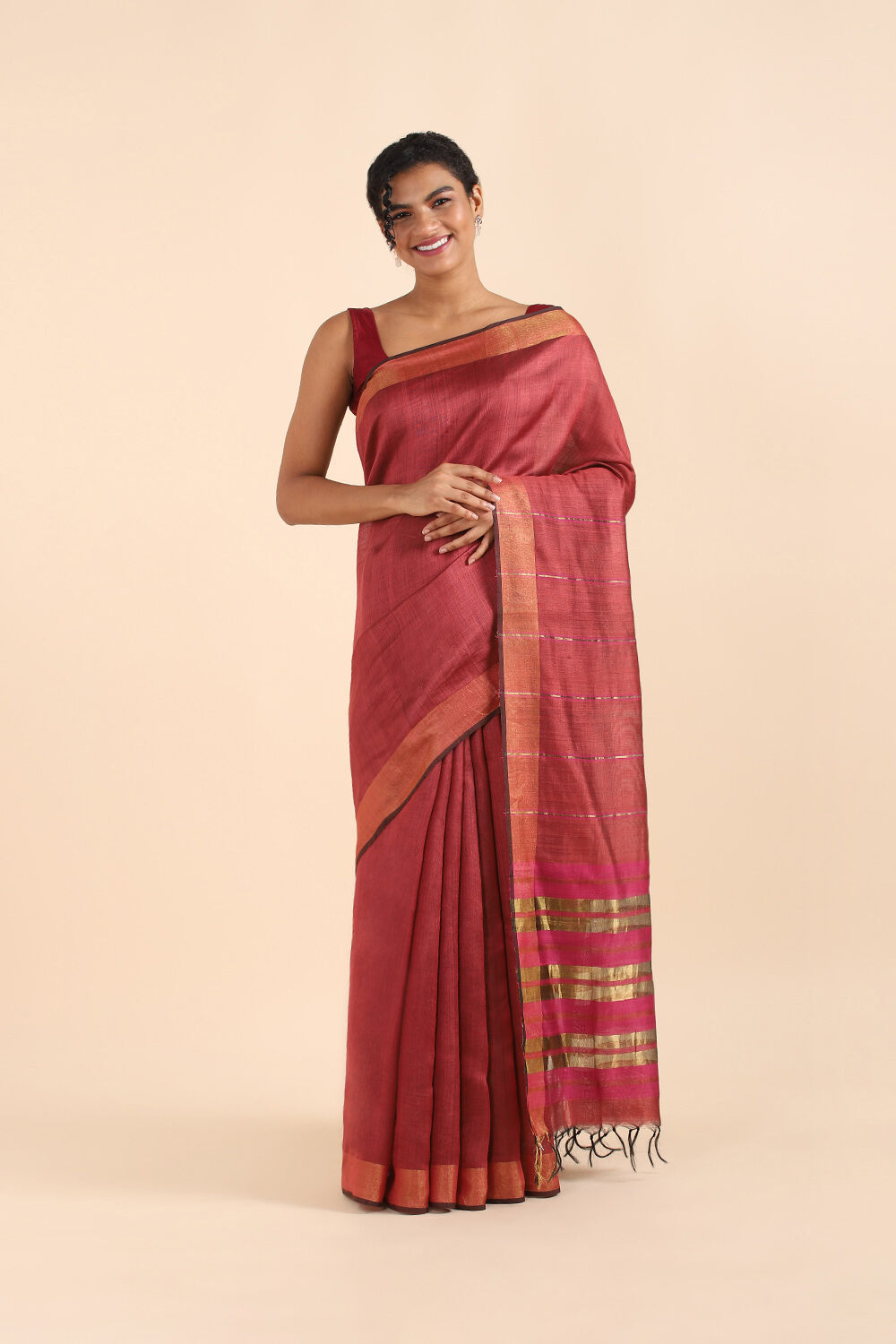 Red Pure Silk Viscose Bhagalpuri Saree image number null