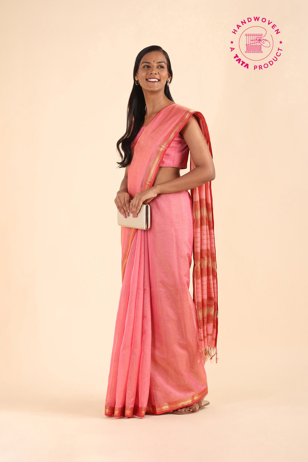 Light Pink Pure Cotton Tissue Maheshwari Saree image number null