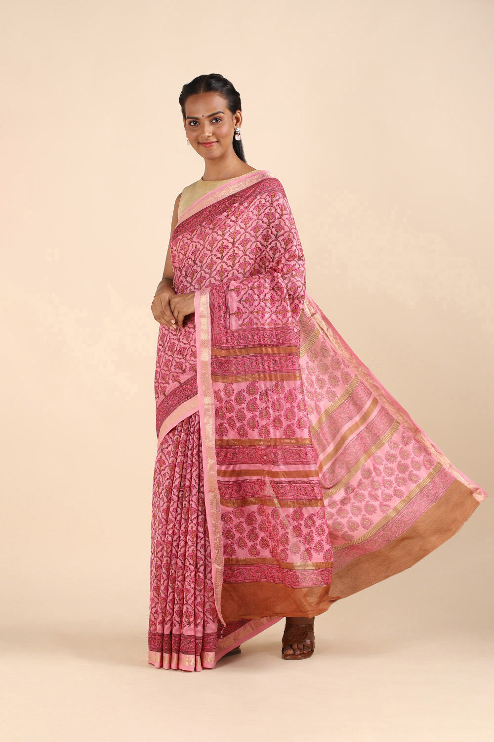 Pink Pure Silk Cotton Sanganeri Printed Saree image number null