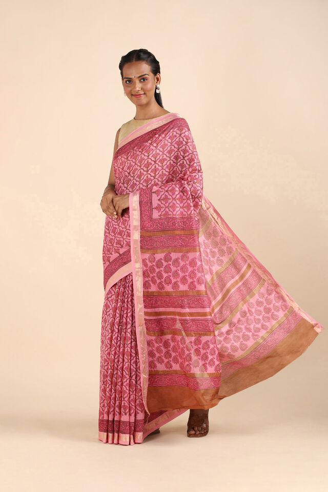 Pink Pure Silk Cotton Sanganeri Printed Saree