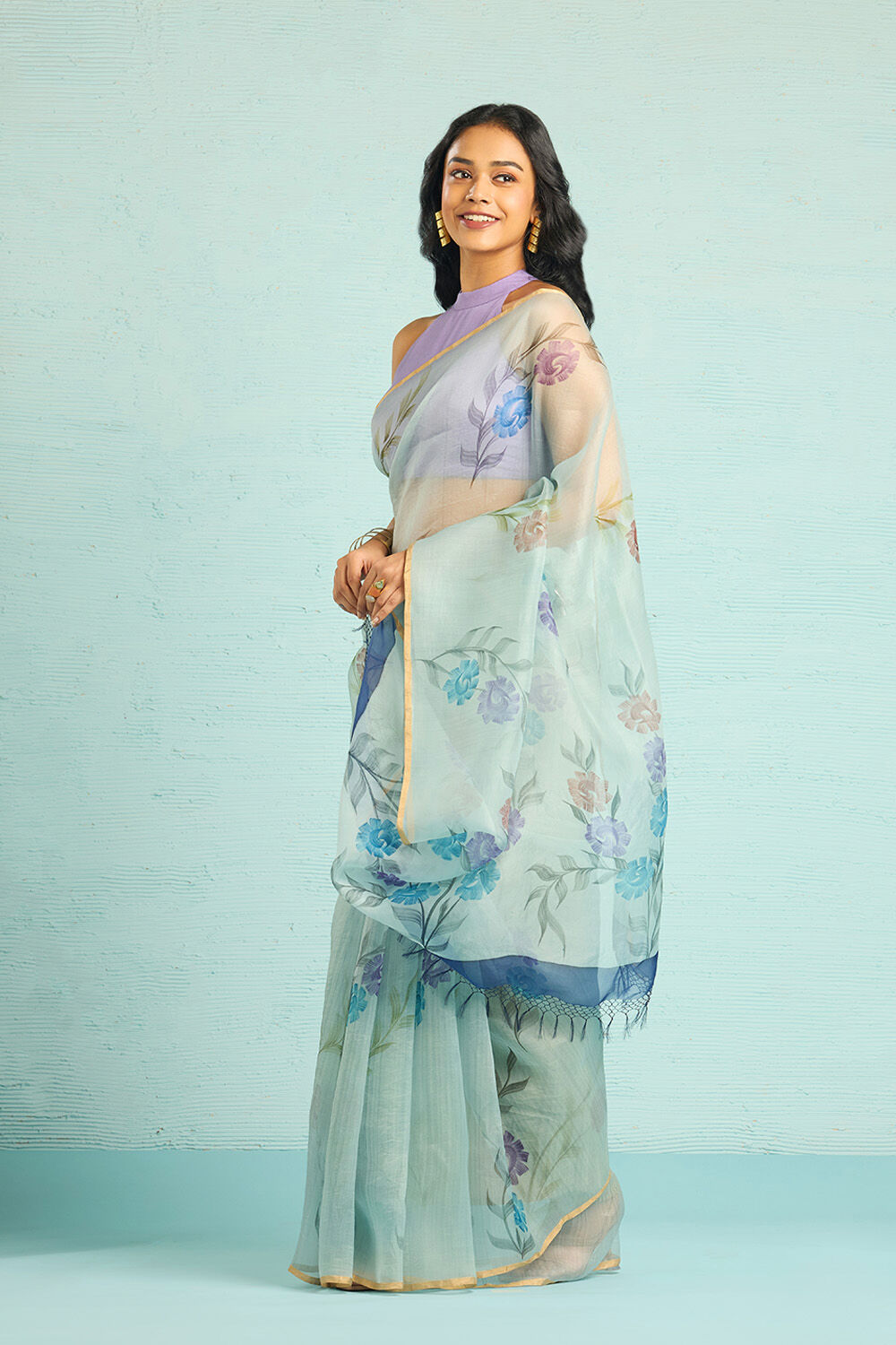 Blue Pure Silk Organza Hand Painted Banarasi Saree image number null