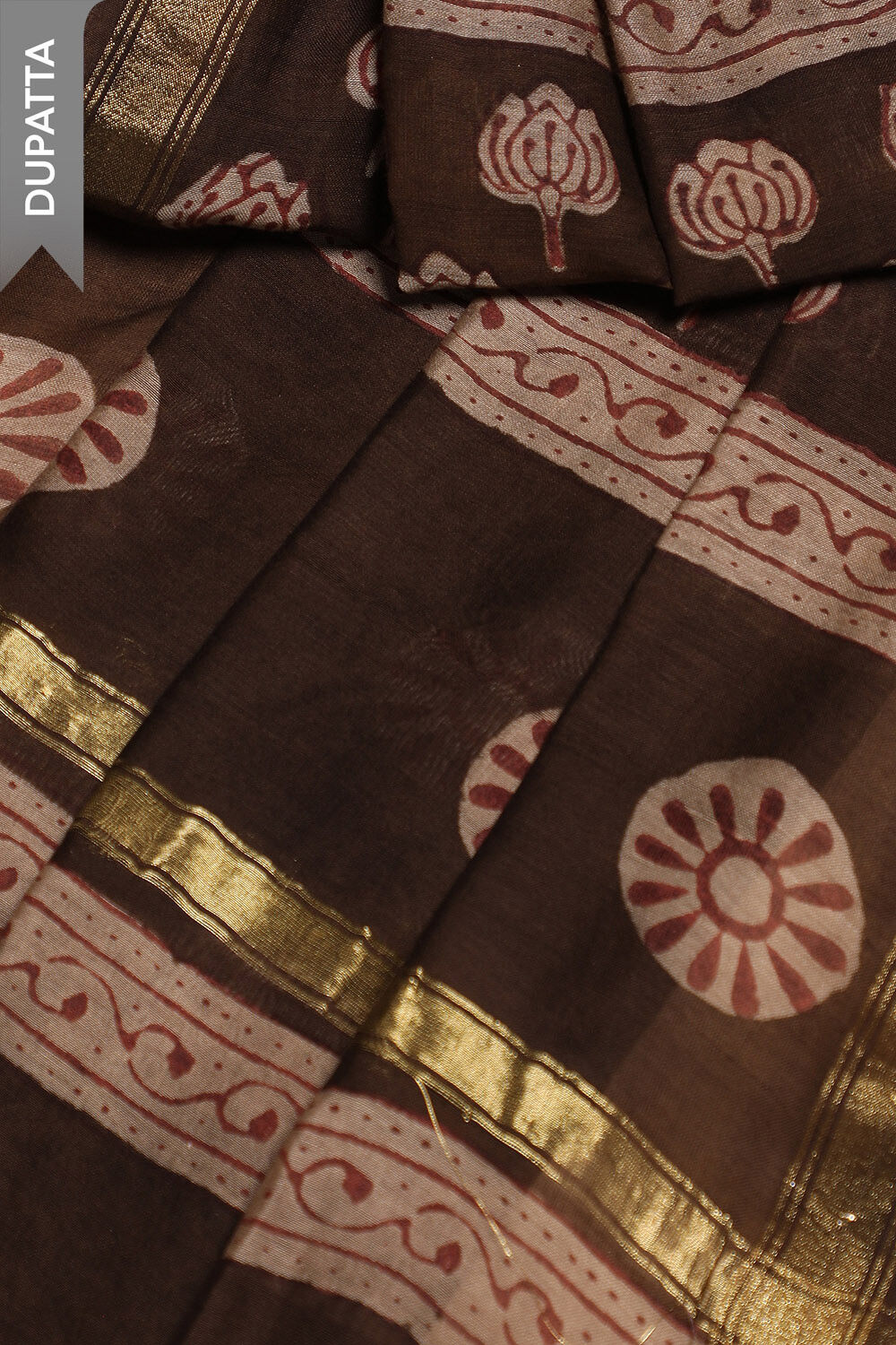 Brown Block Printed Pure Silk Cotton Unstitched Suit Set image number null