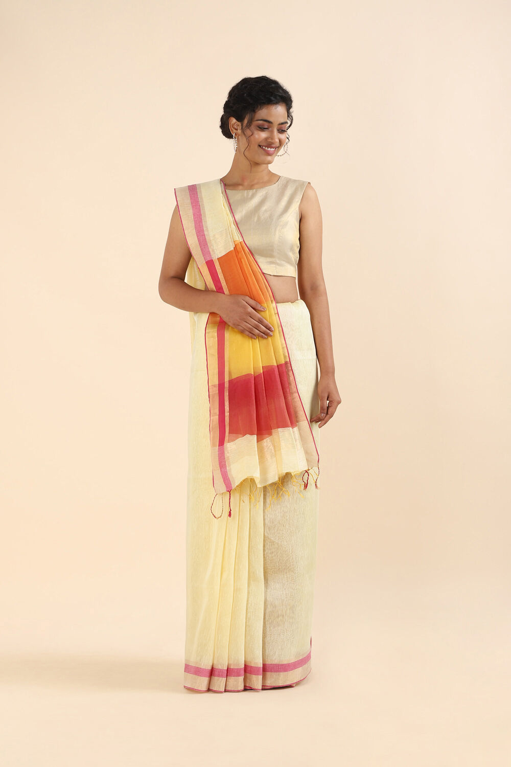 Light Yellow Pure Silk Linen Bhagalpuri Saree image number null
