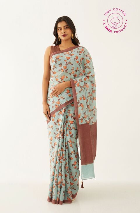 Beige Pure Cotton Mulmul Printed Bengali Saree