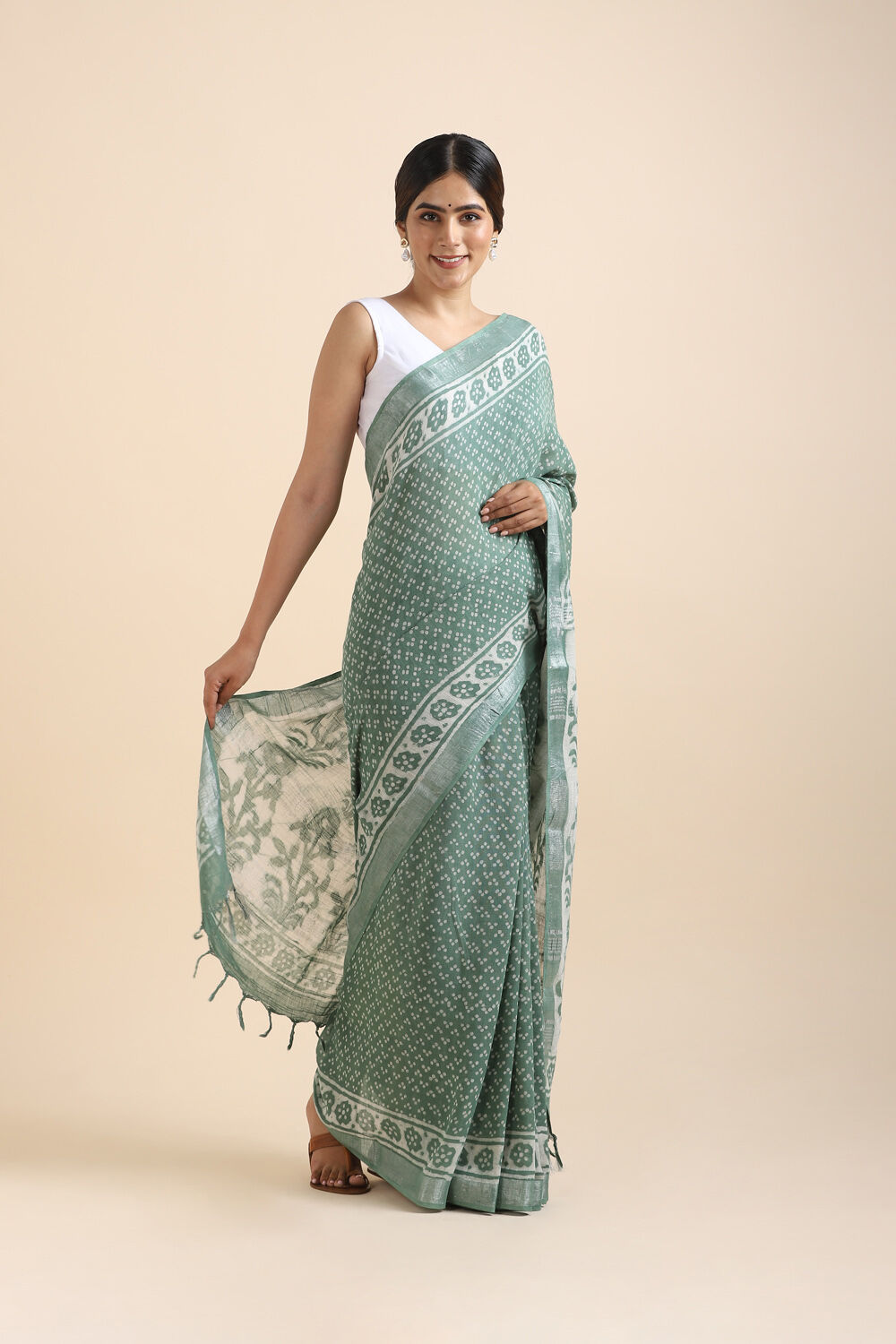 Dark Green Pure Cotton Linen Bagru Printed Saree image number null