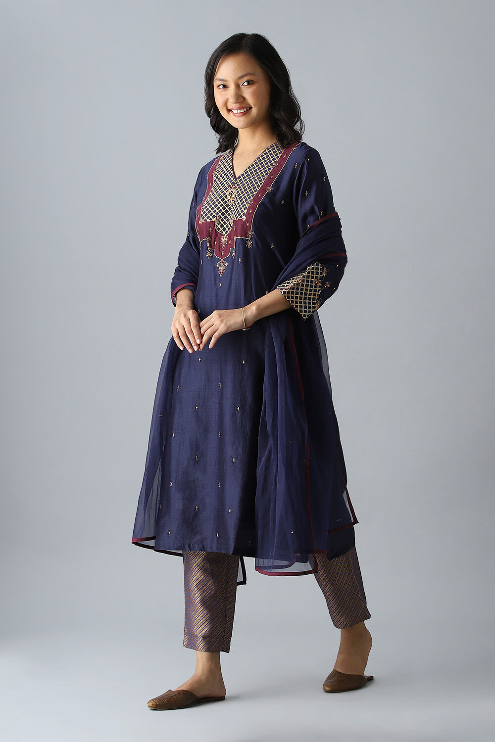 Dark Blue Embroidered Silk Cotton Kurta Set image number null