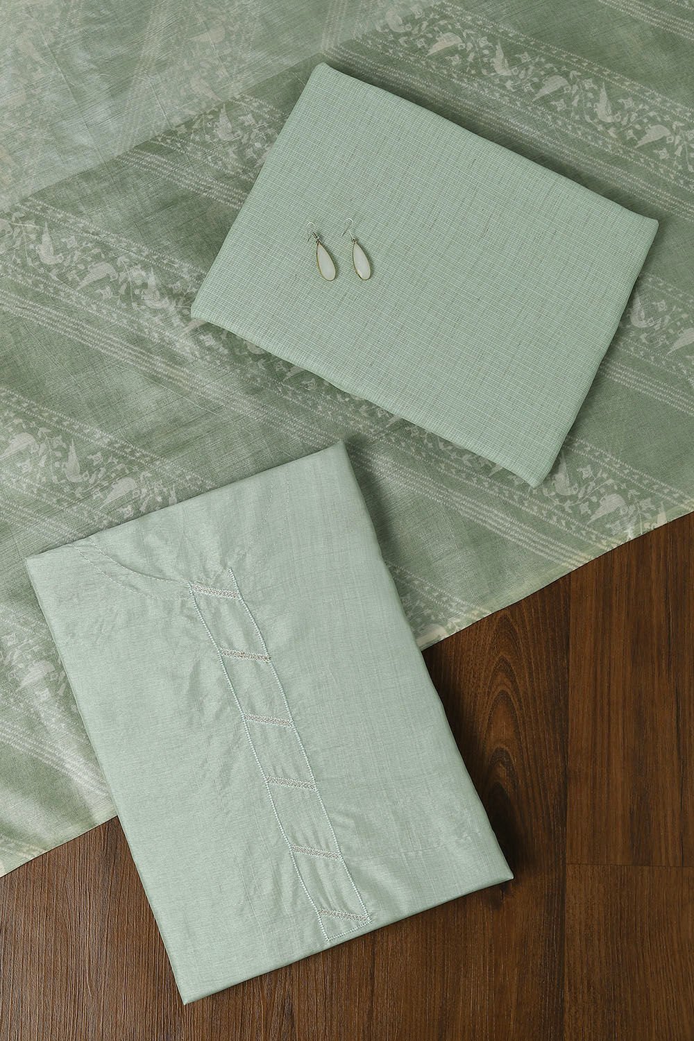 Light Green Tussar Printed Unstitched Suit Set image number null