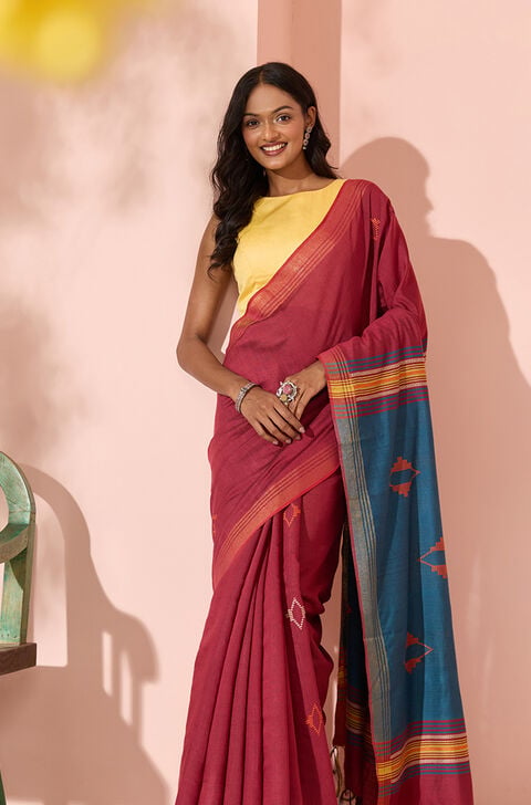 Dark Red Woven Silk Viscose Bhagalpur Saree