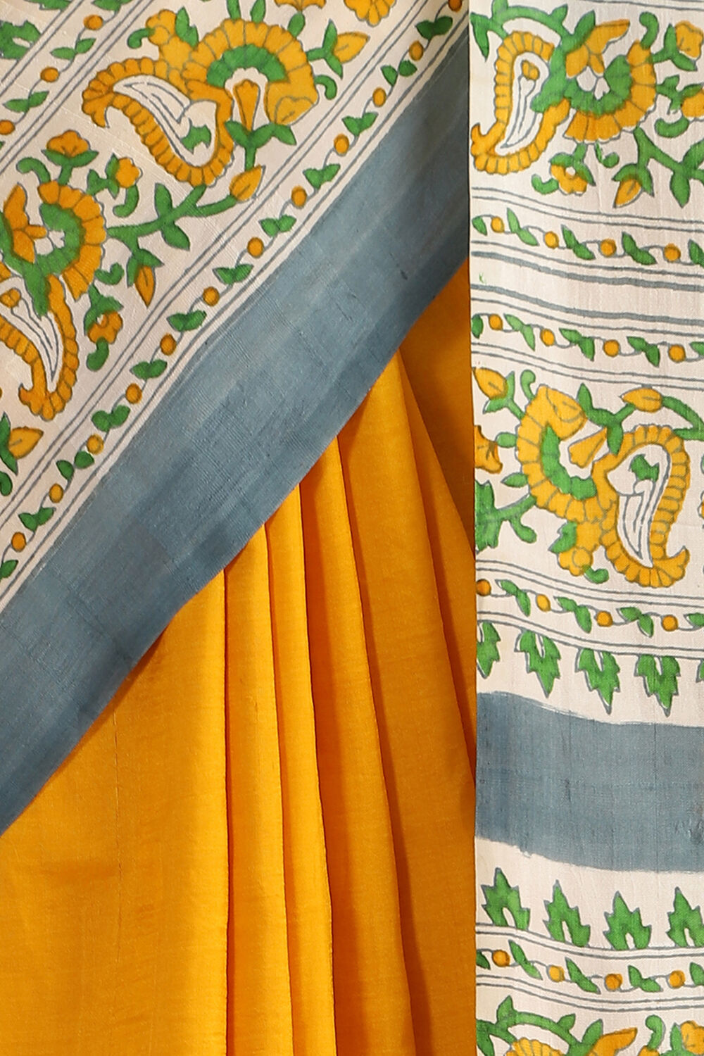 Yellow Hand Blockprinted Pure Silk Saree image number null