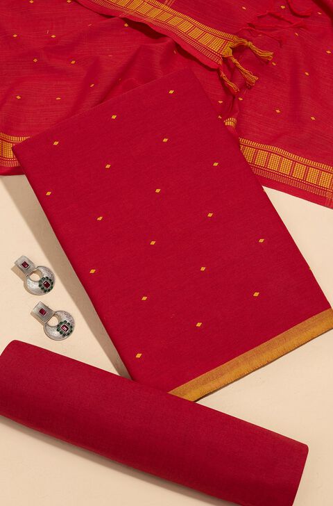 Dark Red Woven Pure Cotton Unstitched Suit Set