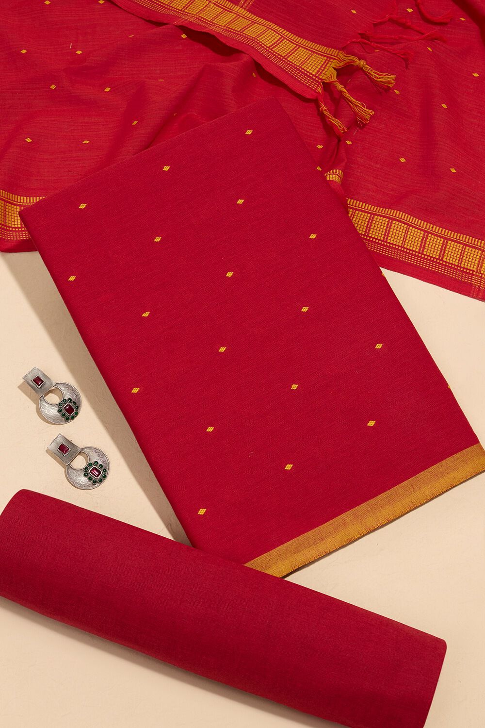 Dark Red Woven Pure Cotton Unstitched Suit Set image number null