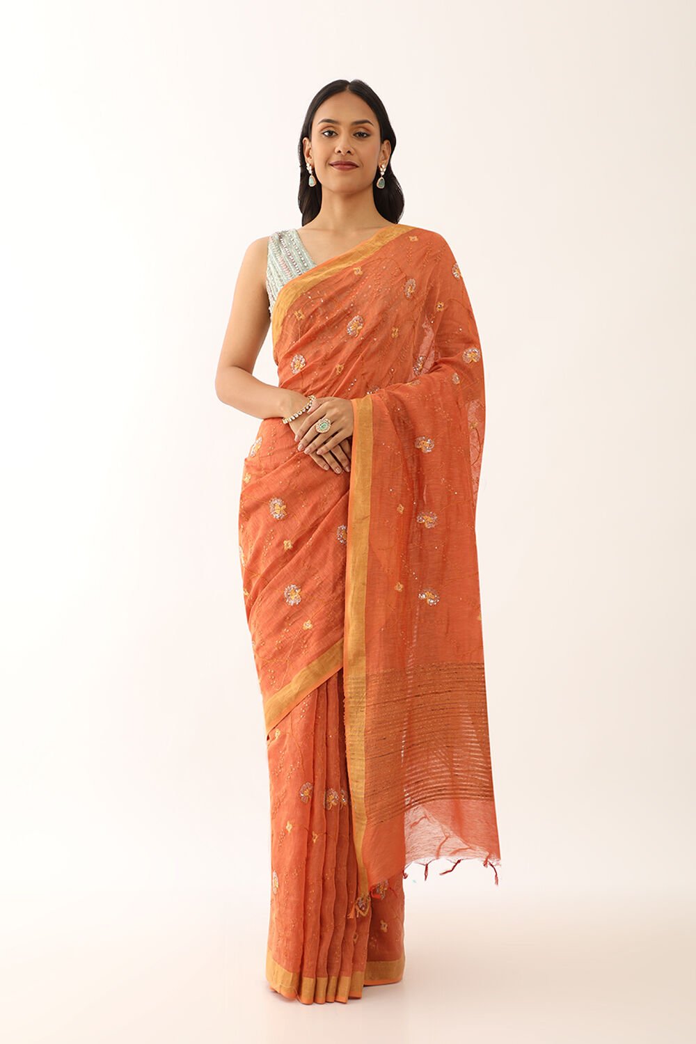 Orange Bhagalpur Pure Silk Linen Embroidered Saree image number null