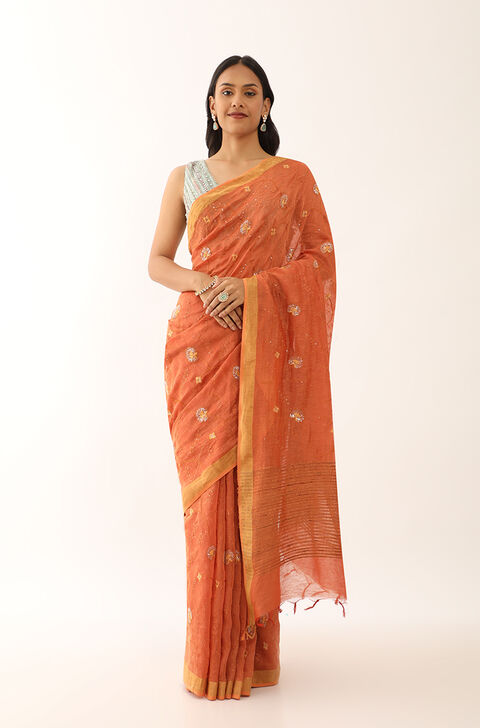 Orange Bhagalpur Pure Silk Linen Embroidered Saree