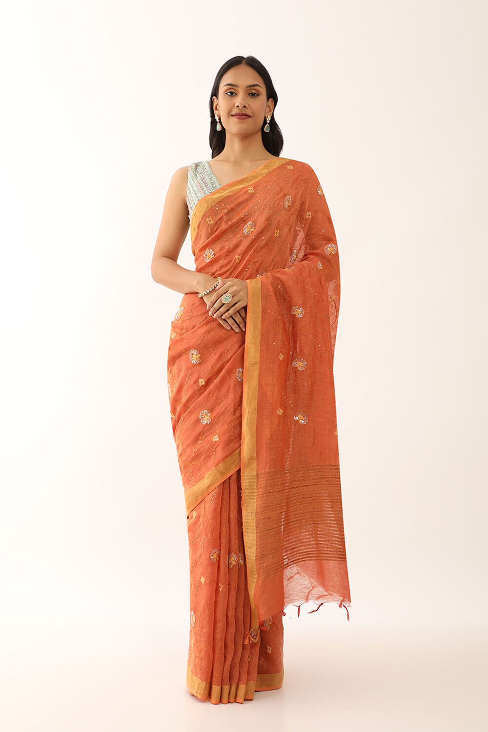 Orange Bhagalpur Pure Silk Linen Embroidered Saree image number null
